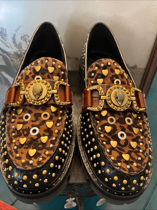 Kurt Geiger Shoes - Kurt Geiger Brown Leopard Print Studded Loafers with Gold Accents